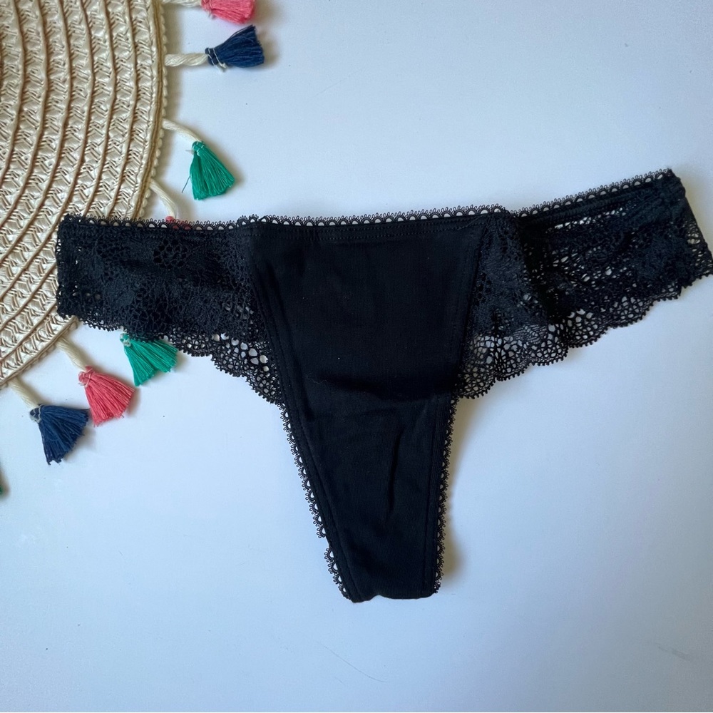 Victoria's Secret Stretch Cotton Thong Panty Black XS NEW